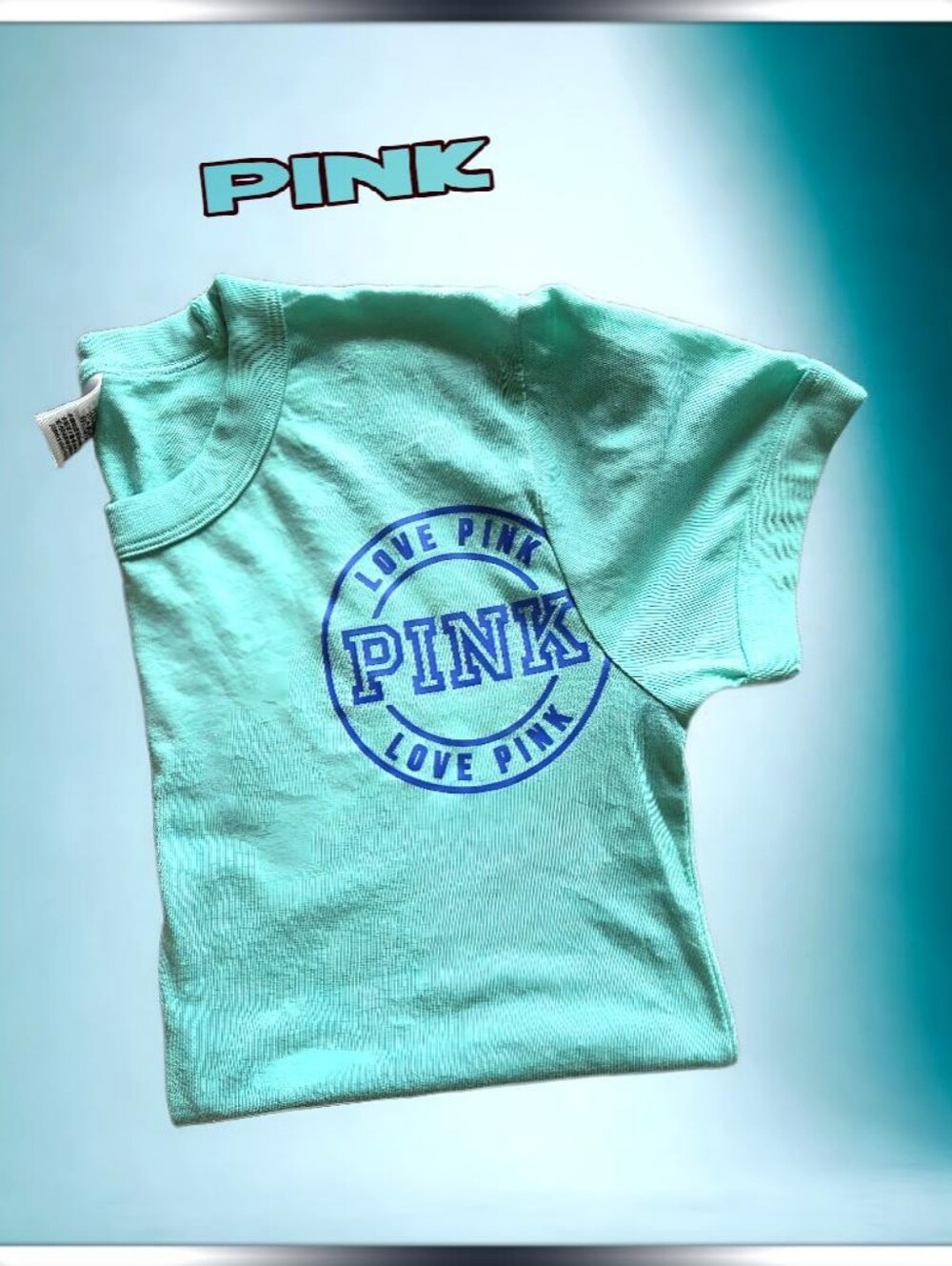 PINK Victoria's Secret Kids Mint Green Short Sleeve Tee with Blue Logo